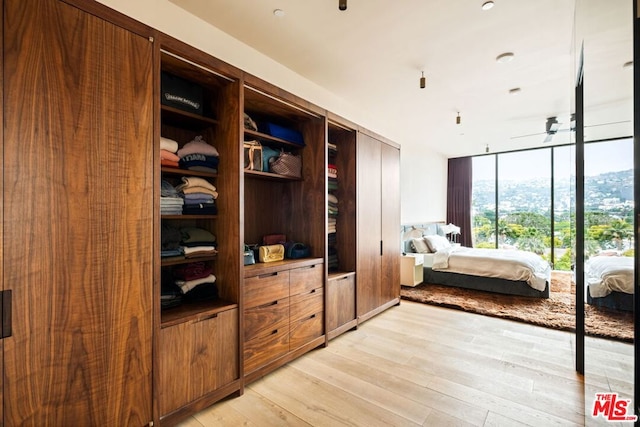 bedroom featuring expansive windows and light wood-type flooring