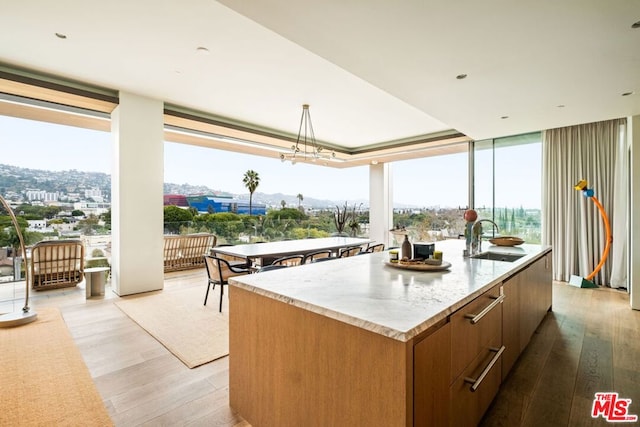 kitchen featuring floor to ceiling windows, sink, a kitchen island with sink, and light wood-type flooring