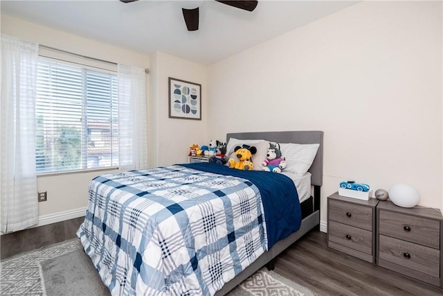 bedroom with hardwood / wood-style flooring and ceiling fan