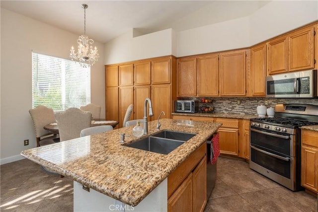 kitchen with pendant lighting, sink, stainless steel appliances, tasteful backsplash, and a center island with sink