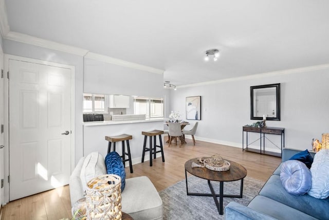 living room featuring hardwood / wood-style floors and ornamental molding