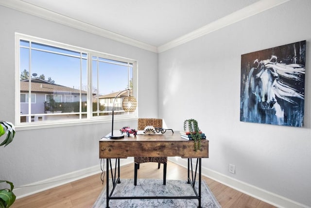 office with wood-type flooring and ornamental molding