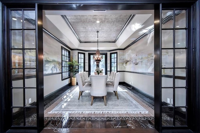 20514 Chatsboro Dr, Woodland Hills, CA 91364 - dining room featuring baseboards, crown molding, a tray ceiling, a chandelier, and marble finish flooring