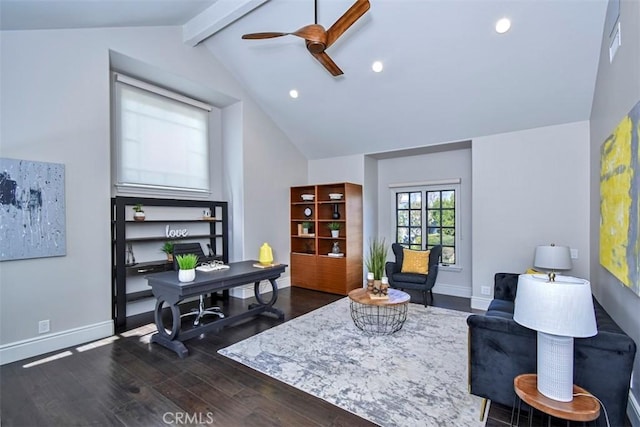 office space featuring dark wood-type flooring, ceiling fan, and lofted ceiling with beams