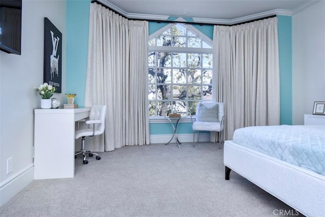 carpeted bedroom with multiple windows and ornamental molding