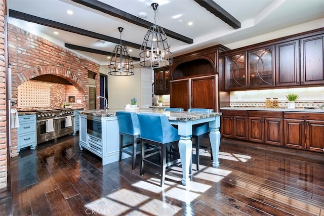20514 Chatsboro Dr, Woodland Hills, CA 91364 - kitchen featuring open shelves, a chandelier, beamed ceiling, double oven range, and dark wood-type flooring