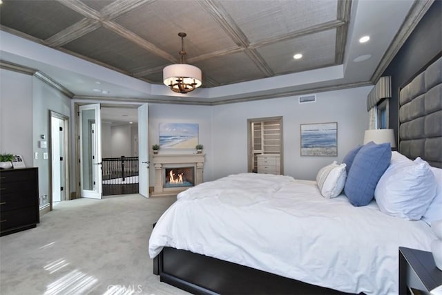 bedroom featuring light colored carpet, ornamental molding, coffered ceiling, and beam ceiling