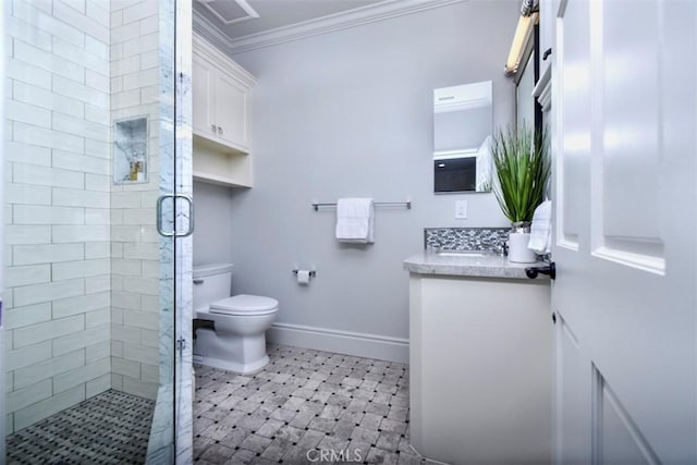 20514 Chatsboro Dr, Woodland Hills, CA 91364 - full bathroom featuring ornamental molding, a shower stall, toilet, baseboards, and vanity