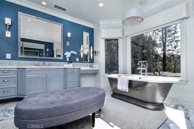 20514 Chatsboro Dr, Woodland Hills, CA 91364 - full bathroom featuring marble finish flooring, vanity, baseboards, healthy amount of natural light, and crown molding