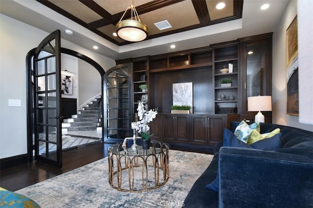 20514 Chatsboro Dr, Woodland Hills, CA 91364 - living area featuring wood finished floors, recessed lighting, baseboards, coffered ceiling, and stairway