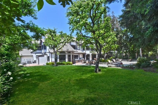 back of property with a yard and a patio area