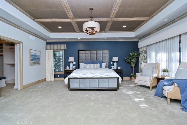 bedroom featuring coffered ceiling, light colored carpet, ornamental molding, and beamed ceiling