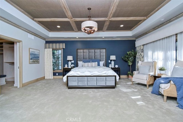 20514 Chatsboro Dr, Woodland Hills, CA 91364 - bedroom with crown molding, baseboards, coffered ceiling, carpet, and a chandelier