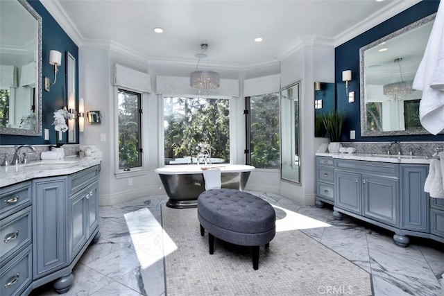 20514 Chatsboro Dr, Woodland Hills, CA 91364 - full bathroom with marble tiled floors, healthy amount of natural light, baseboards, recessed lighting, and ornamental molding