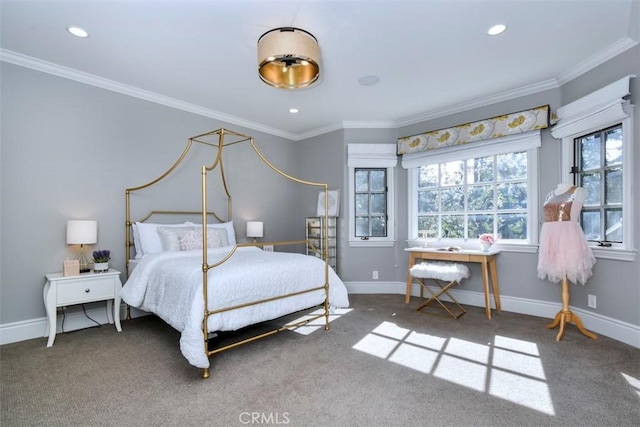 bedroom featuring ornamental molding and carpet