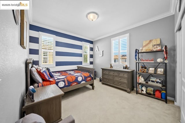 bedroom featuring crown molding and light carpet