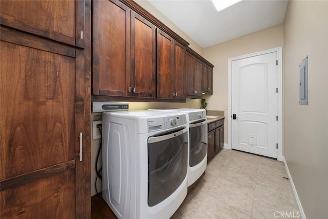 washroom with electric panel, cabinet space, baseboards, and separate washer and dryer