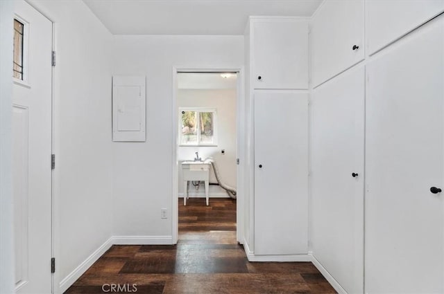 hall featuring dark wood-type flooring and electric panel