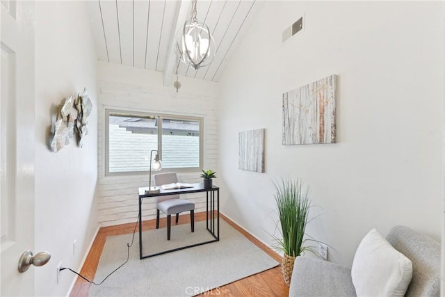 home office featuring hardwood / wood-style flooring, lofted ceiling with beams, wooden ceiling, and a chandelier