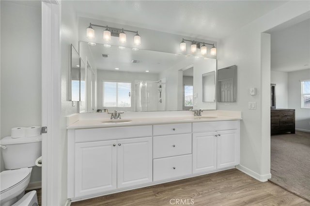 bathroom with vanity, wood-type flooring, toilet, and walk in shower