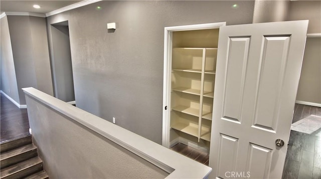 hall featuring dark hardwood / wood-style flooring and crown molding