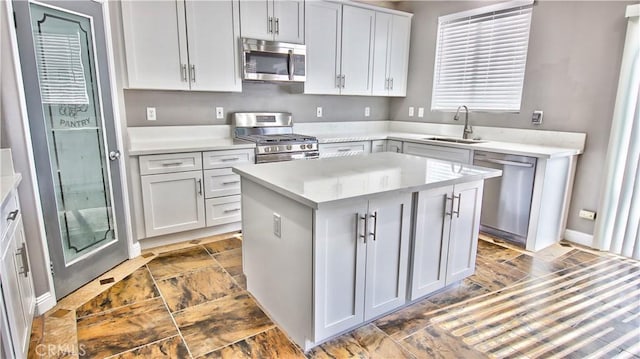 kitchen with sink, stainless steel appliances, and a kitchen island