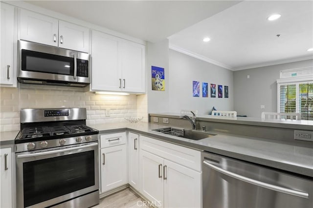 kitchen with appliances with stainless steel finishes, white cabinetry, sink, decorative backsplash, and crown molding