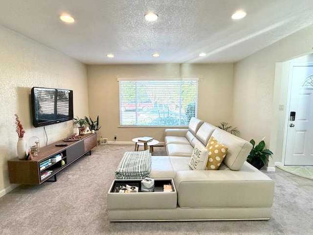 living room featuring carpet floors and a textured ceiling