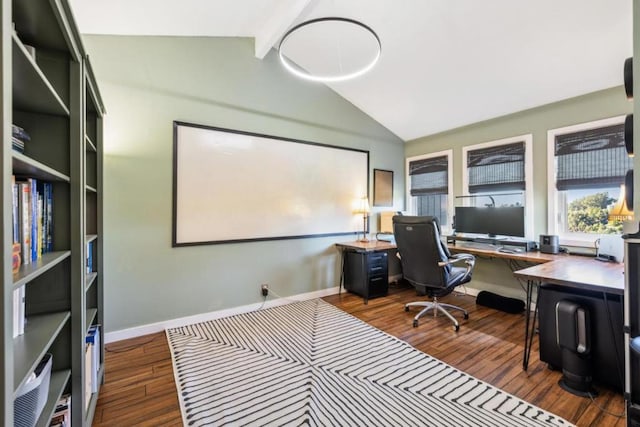 home office featuring dark hardwood / wood-style flooring and lofted ceiling with beams