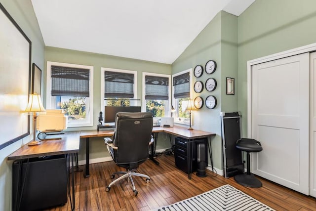 home office featuring lofted ceiling and wood-type flooring