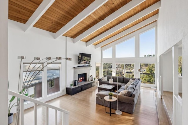 living room featuring wood ceiling, beam ceiling, light hardwood / wood-style flooring, and high vaulted ceiling