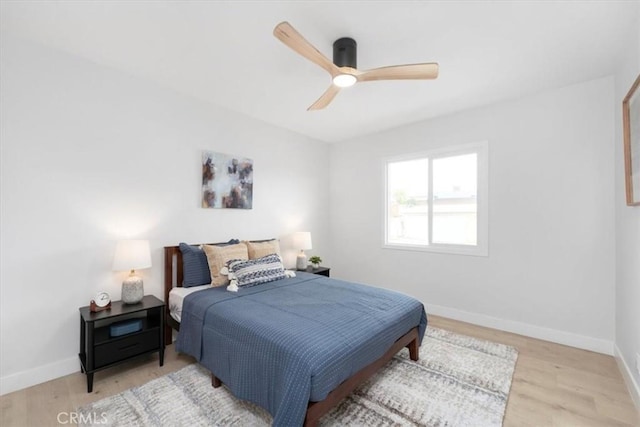 bedroom with ceiling fan and light wood-type flooring