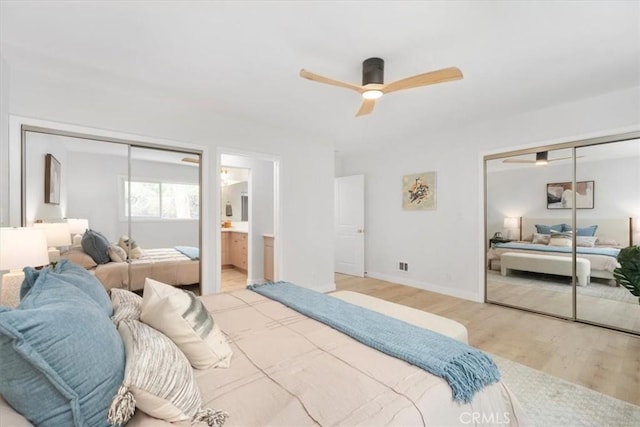 bedroom featuring ceiling fan, connected bathroom, and light wood-type flooring