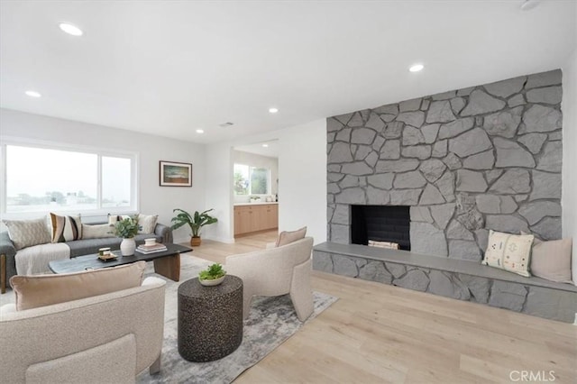 living room with a stone fireplace and light hardwood / wood-style flooring