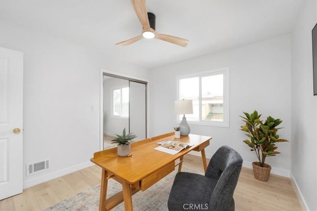 office space featuring ceiling fan and light wood-type flooring