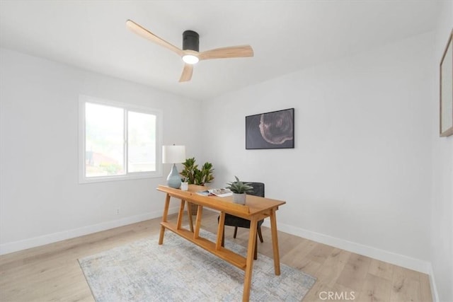 office space with ceiling fan and light hardwood / wood-style floors