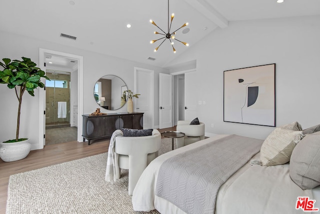 bedroom with ensuite bath, high vaulted ceiling, beam ceiling, and light hardwood / wood-style floors