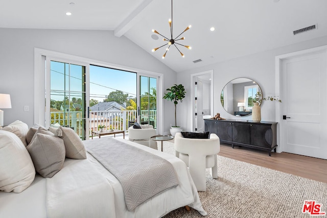 bedroom featuring lofted ceiling with beams, a chandelier, access to exterior, and light hardwood / wood-style floors