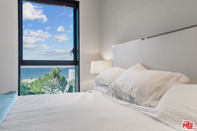 bedroom featuring a water view