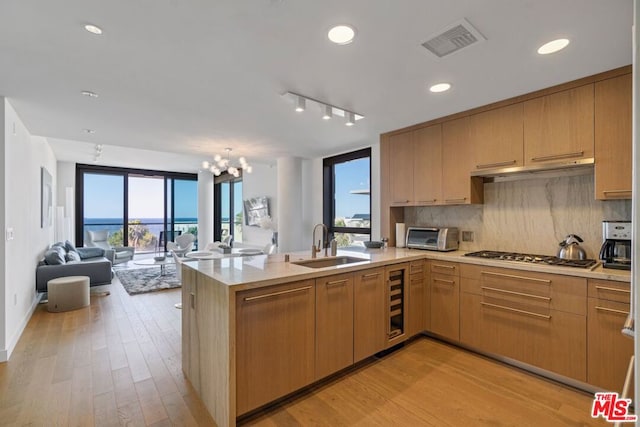 kitchen featuring tasteful backsplash, sink, kitchen peninsula, and stainless steel gas stovetop