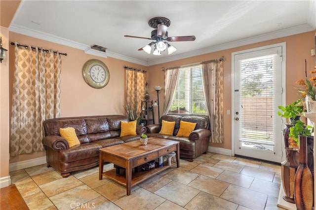 living room featuring crown molding and ceiling fan