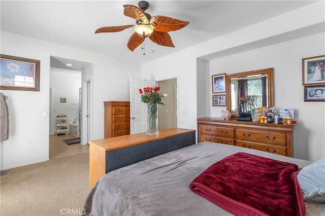 bedroom featuring light colored carpet and ceiling fan