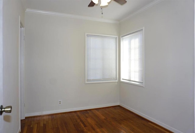 unfurnished room with dark hardwood / wood-style flooring, crown molding, and ceiling fan