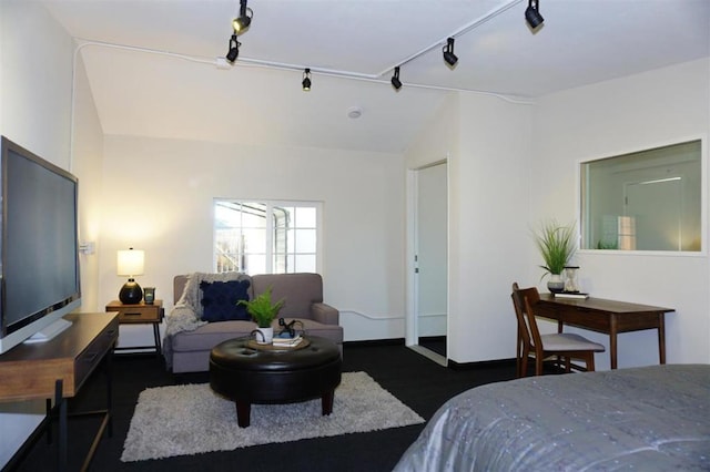 bedroom featuring rail lighting and dark hardwood / wood-style floors