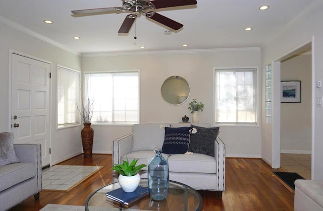 living room featuring crown molding and wood-type flooring