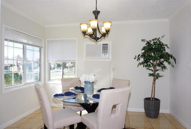 tiled dining area featuring crown molding and an inviting chandelier