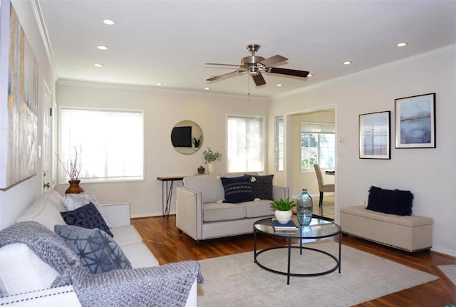 living room with crown molding, ceiling fan, and dark hardwood / wood-style flooring