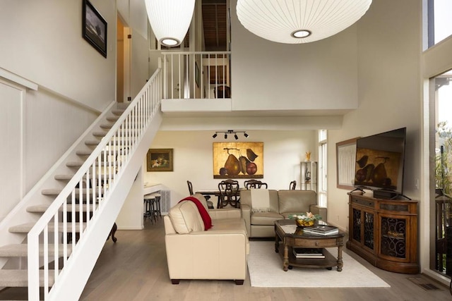 living room featuring hardwood / wood-style flooring and a high ceiling