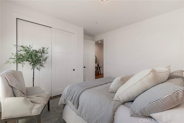 bedroom with wood-type flooring and a closet