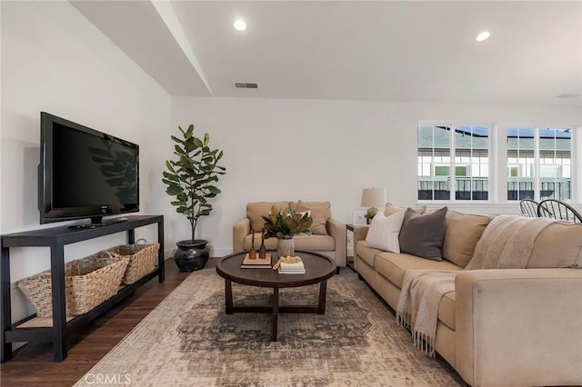 living room with dark wood-type flooring